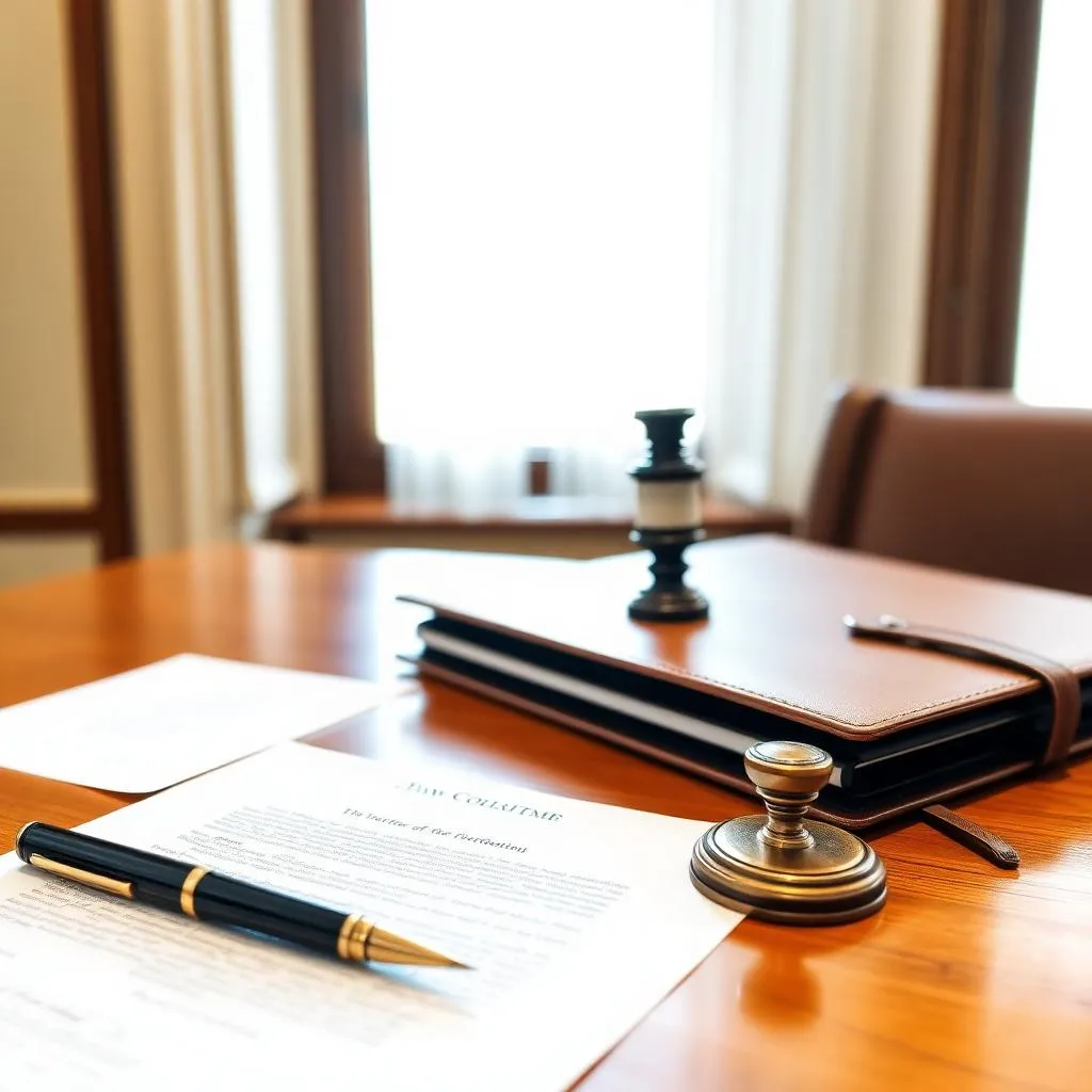 Notary desk with document, pen, and seal (placeholder)